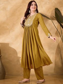 KVS FAB - Women Olive Embroidered Kurta with Pant (Set of 2)