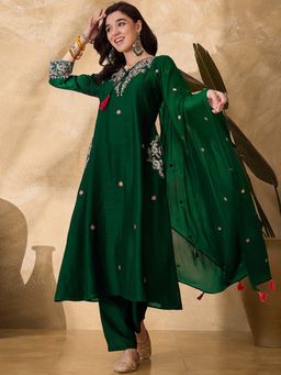 KVS FAB - Women Green Embroidered Anarkali Kurta with Pant and Dupatta (Set of 3)