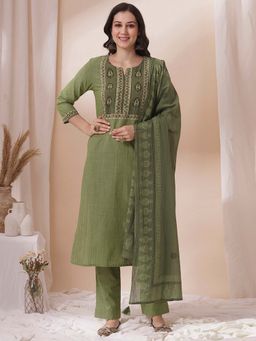 Kami Kubi - Women Green Embroidered Kurta with Pant and Dupatta (Set of 3)