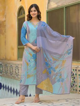 Vaamsi - Women Aqua Printed Kurta with Pant and Dupatta (Set of 3)
