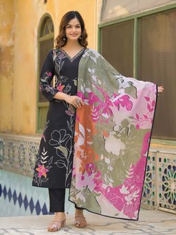 Vaamsi - Women Black Floral Kurta with Pant and Dupatta (Set of 3)