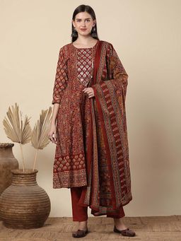 FASHOR - Women Rust Printed Kurta with Pant and Dupatta (Set of 3)