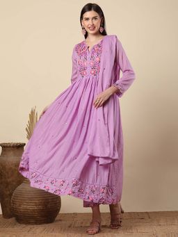 FASHOR - Women Purple Floral Anarkali Kurta with Pant and Dupatta (Set of 3)