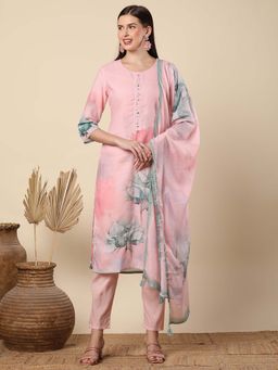 FASHOR - Women Pink Floral Kurta with Pant and Dupatta (Set of 3)