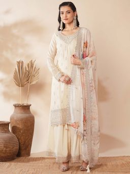 FASHOR - Women Cream Embroidered Kurta with Palazzo and Dupatta (Set of 3)