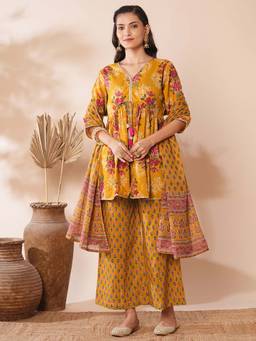 FASHOR - Women Mustard Floral Kurti with Palazzo and Dupatta (Set of 3)