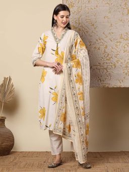 FASHOR - Women Off White Floral Kurta with Pant and Dupatta (Set of 3)