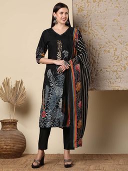 FASHOR - Women Black Floral Kurta with Pant and Dupatta (Set of 3)