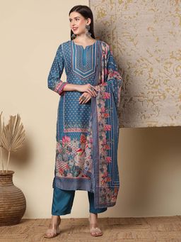 FASHOR - Women Blue Floral Kurta with Pant and Dupatta (Set of 3)