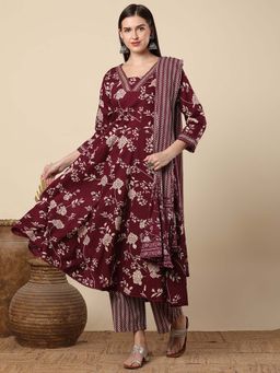 FASHOR - Women Burgundy Printed Anarkali Kurta with Pant and Dupatta (Set of 3)