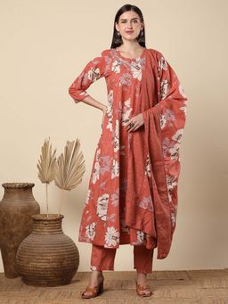 FASHOR - Women Rust Floral Kurta with Pant and Dupatta (Set of 3)