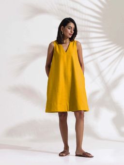 trueBrowns - Women Mustard Solid Knee Length Dress