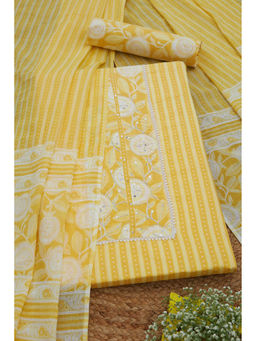 Soch - Womens Yellow Cotton Striped Unstitched Suit (Set of 3)