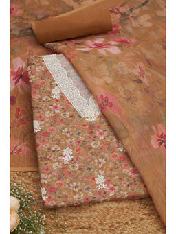 Soch - Womens Mustard Linen Floral Print Unstitched Suit (Set of 3)