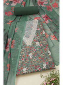 Soch - Womens Teal Linen Floral Print Unstitched Suit (Set of 3)