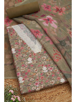 Soch - Womens Olive Linen Floral Print Unstitched Suit (Set of 3)