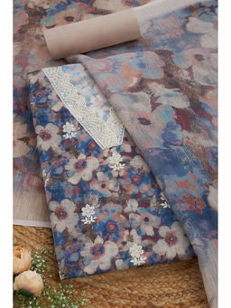 Soch - Womens Blue Linen Floral Print Unstitched Suit (Set of 3)