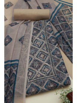 Soch - Womens Beige Linen Ethnic Motifs Unstitched Suit (Set of 3)