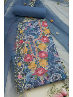Soch - Womens Powder Blue Chanderi Floral Print Unstitched Suit (Set of 3)