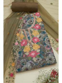 Soch - Womens Olive Chanderi Floral Print Unstitched Suit (Set of 3)