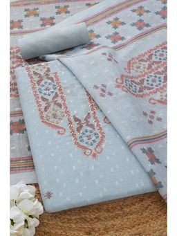 Soch - Womens Powder Blue Linen Ethnic Motifs Unstitched Suit (Set of 3)