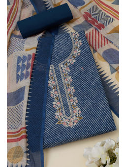 Soch - Womens Navy Blue Linen Leheriya Print Unstitched Suit (Set of 3)