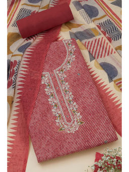 Soch - Womens Rust Linen Leheriya Print Unstitched Suit (Set of 3)