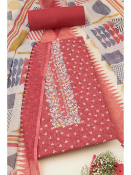 Soch - Womens Rust Linen Geometric Print Unstitched Suit (Set of 3)