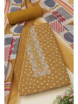 Soch - Womens Mustard Linen Geometric Print Unstitched Suit (Set of 3)