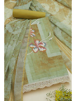 Soch - Womens Light Green Linen Abstract Print Unstitched Suit (Set of 3)