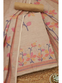 Soch - Womens Beige Linen Floral Print Unstitched Suit (Set of 3)