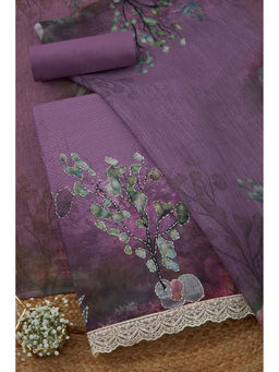 Soch - Womens Lavender Linen Botanical Print Unstitched Suit (Set of 3)