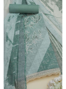 Soch - Womens Sap Green Linen Floral Print Unstitched Suit (Set of 3)