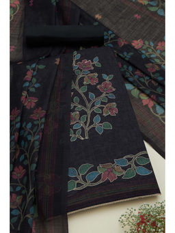 Soch - Womens Black Linen Floral Print Unstitched Suit (Set of 3)