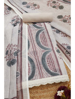 Soch - Womens Cream Linen Floral Print Unstitched Suit (Set of 3)