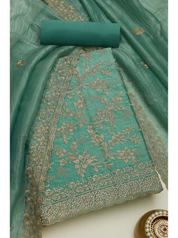 Soch - Womens Turquoise Blue Crushed Silk Embroidered Unstitched Suit (Set of 3)