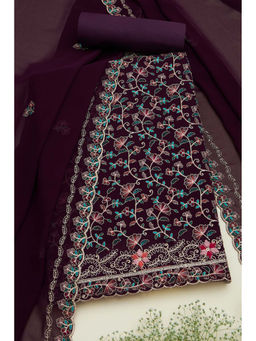 Soch - Womens Wine Georgette Embroidered Unstitched Suit (Set of 3)