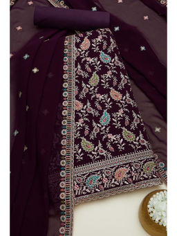 Soch - Womens Wine Georgette Embroidered Unstitched Suit (Set of 3)