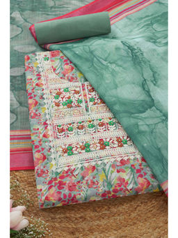 Soch - Womens Green Linen Floral Print Unstitched Suit (Set of 3)