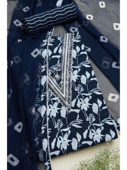 Soch - Womens Navy Blue Cotton Floral Print Unstitched Suit (Set of 3)