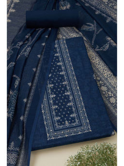 Soch - Womens Navy Blue Linen Floral Print Unstitched Suit (Set of 3)