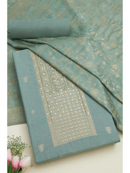 Soch - Womens Teal Silk Blend Woven Design Unstitched Suit (Set of 3)