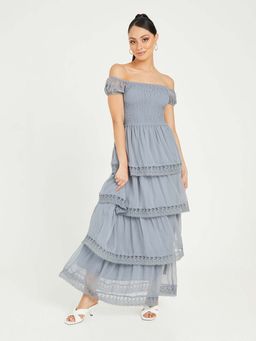 Styli - Grey Short Sleeves Smocked Detail Maxi Dress With Lace Detail
