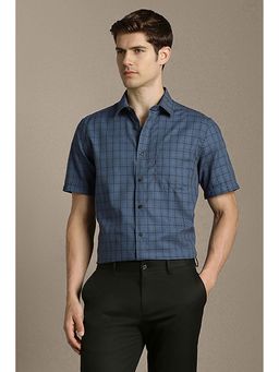 Louis Philippe - Men Navy Blue Classic Fit Check Half Sleeves Formal Shirt