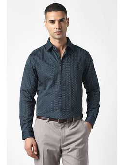 Van Heusen - Men Teal Tailored Fit Print Full Sleeves Party Shirt
