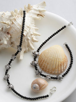 PANASH - Silver-Plated Black Beaded Tortoise Handcrafted Anklets