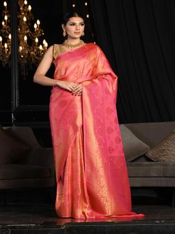Beatitude - Pink and Golden Nylon Silk Woven Saree with Unstitched Blouse