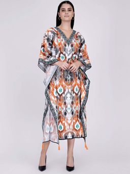 First Resort by Ramola Bachchan - Orange Ikat Print Mid Length Kaftan