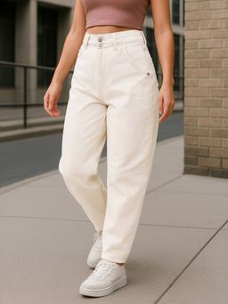 Bewakoof - Womens Beige Baggy Tapered Fit Jeans