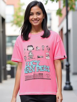 Bewakoof - Official Peanuts Women's Pink Lucy Vanpelt Graphic Printed Oversized T-shirt